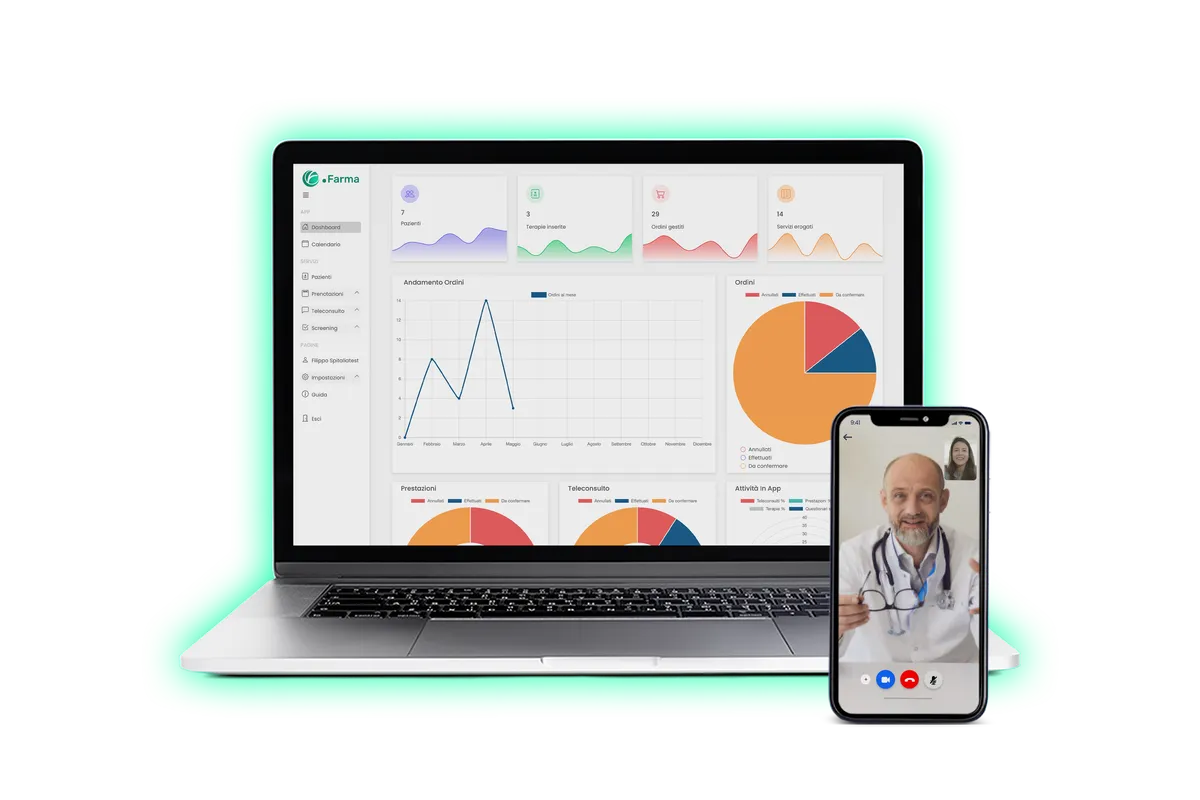 La dashboard di .FARMA su laptop e un teleconsulto su smartphone